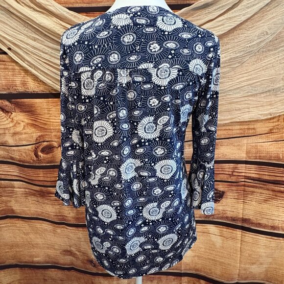 Pre-owned PerSeption Concept Womens Navy/White Textured Top 3/4 Sleeve Size S - Picture 3 of 12